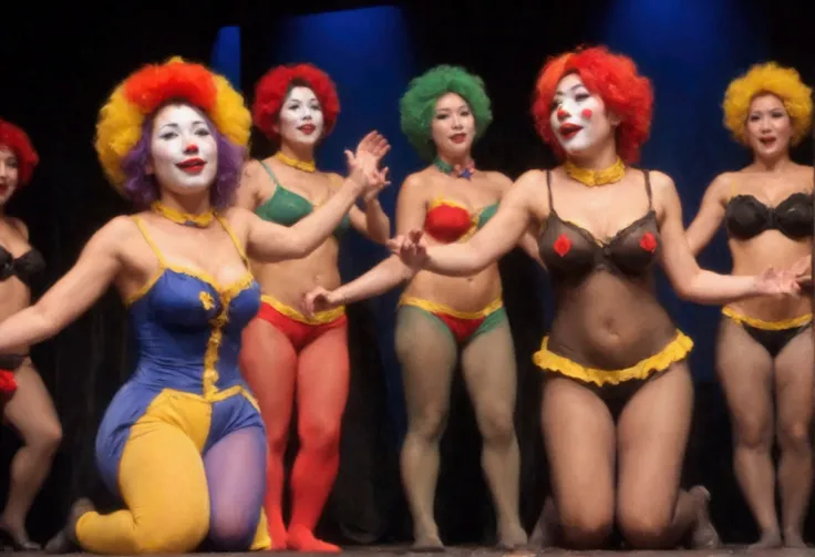 A clown (cute yuna woman, sheer skin tight colorful tights, jiggly breasts, big butt, clown nose, clown makeup, jester hat) jiggles and bounces around acting crazy, squeezing her breasts to express her milk and flashing her vagina at the audience, erotic l...