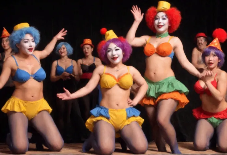 A clown (cute yuna woman, sheer skin tight colorful tights, jiggly breasts, big butt, clown nose, clown makeup, jester hat) jiggles and bounces around acting crazy, squeezing her breasts to express her milk and flashing her vagina at the audience, erotic l...