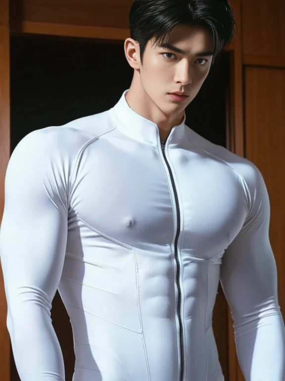 Very Japanese male model Cool 20 years old black hair muscular Intense Bright screen Close-up image Very tight white rubber suit Hero Full body, showing his chest, sexy