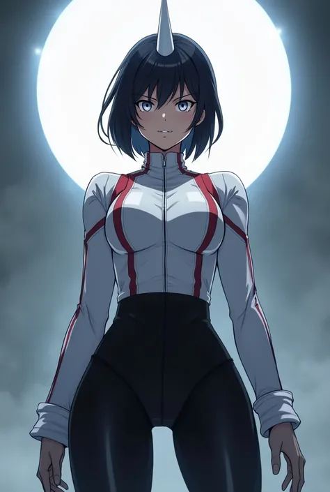 Adult female would be with short black hair with silver eyes, serious look on her face, a white horn coming out of her head, white glowing halo above her head, with voluptuous black pants and white uniform with red lines, anime art style