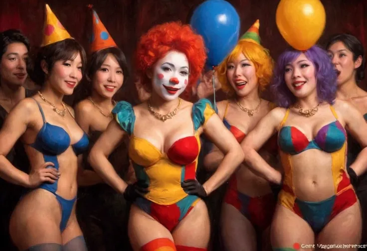 A clown (cute yuna woman, sheer skin tight colorful tights, jiggly breasts, big butt, clown nose, clown makeup, jester hat) jiggles and bounces around acting crazy, squeezing her breasts to express her milk and flashing her vagina at the audience, erotic l...