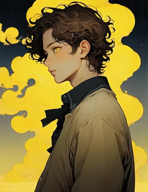 Vintage,junji ito style,sleeved,no bubbles,dark atmospher,yellow fog,inert boy,boy profile,brown eyes fair skin,brown hair curly hair,social clothes,Youngh,moonlight background,eyes in the background,black and yellow companion dagan