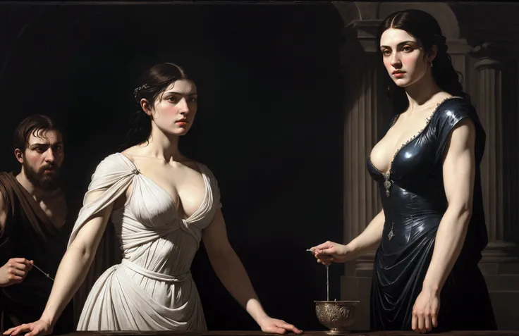 caravaggio lighting; high contrast; hyper-realism; surrealism art; Circe with rage; crafting a potion; Godess; mistery; strenght; beautiful women; ; beautiful white transparent dress showing some woman chest; greek mythology; john william waterhouse