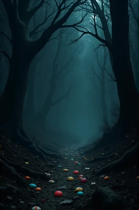 Scary dark forest with creepy eyes hidden and candy thrown everywhere 