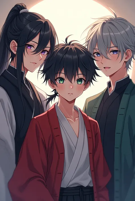 Anime boy with long black hair and violet eyes in neo-Japanese clothing Anime boy with short, scruffy black hair and long left lock of hair in jade green eyes in neo-Chinese clothing Anime boy with gray hair and indigo blue eyes in traditional Chinese clot...