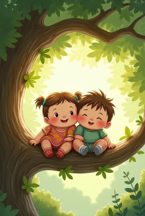 A chubby cute girl and boy sitting in the branch of a tree