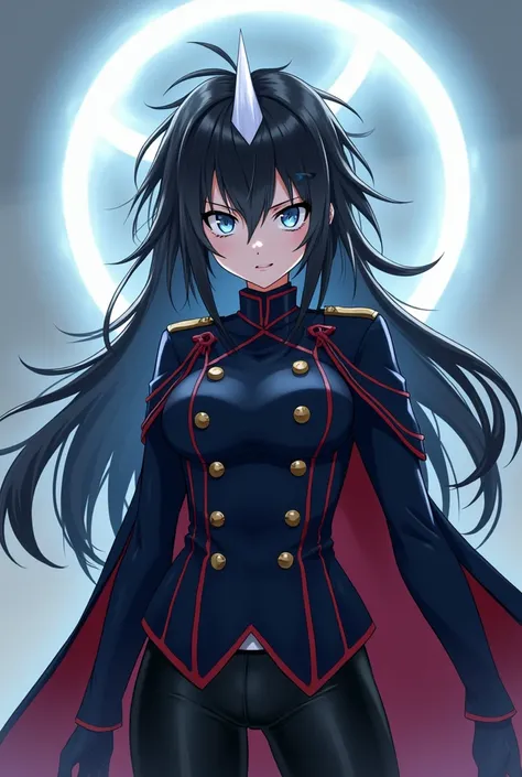 Adult female would be with messy black hair with silver eyes, serious look on her face, a white horn coming out of her head, white glowing halo above her head, with voluptuous black pants and dark blue military uniform with red lines, anime art style