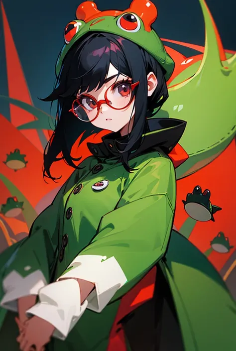 The girl has black hair, wears glasses, has a tiny frog on her head and her coat is red.