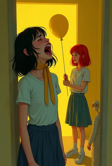 Yellow room with a  girl who has a yellow tie around her throat, suffocating her. Her expression is that of an open mouth, in pain and trying to breathe. A  red-haired girl with a yellow balloon in her hand Finally, a short  boy covered his body in bandage...