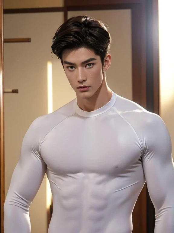 Very Japanese male model Cool 20 years old darker brown hair muscular Intense Bright screen Close-up image Very tight white rubber suit Hero Full body, showing his chest, sexy almond shaped monolidded eyes