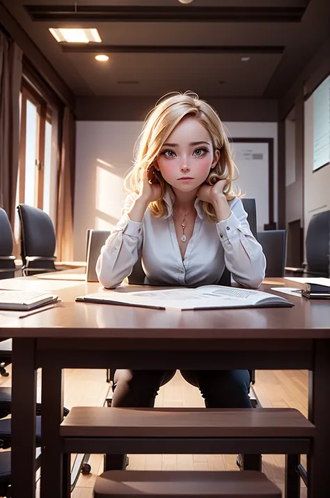 A professional setting with Emma seated around a conference table with colleagues, discussing a project.

