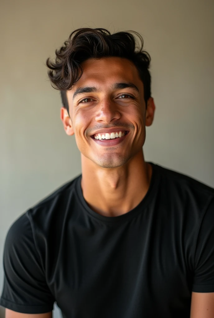 Create image of young latin man smiling at camera in basic black t-shirt 