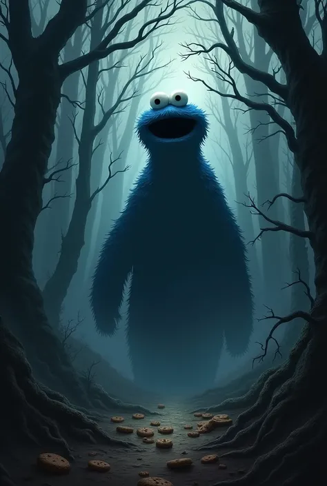 Scary dark forest with scary looking cookie monster silhouette  and cookies thrown everywhere 