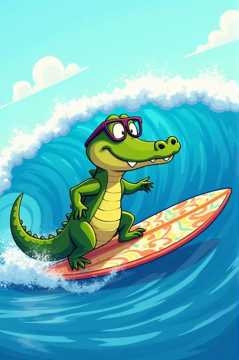 Create an image of an alligator wearing glasses on top of a surfboard, surfing a blue wave In drawing 