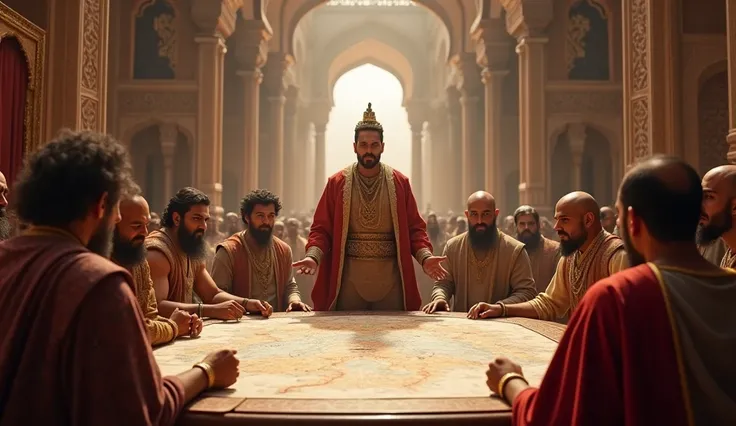 Genarate a high quality realistic seen in cinematic 3d style Show Humayun in a war room, discussing strategies with his generals. There are maps spread out on a large table, showing the territories of Rajput and Afghan leaders. Next, depict battle scenes w...