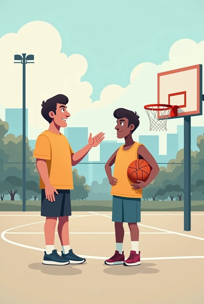 Image description: A basketball coach, Dressed in sportswear, He is standing next to a young player on an outdoor basketball court. The coach points towards the hoop with one hand, as if giving instructions. The player holds a basketball and looks towards ...