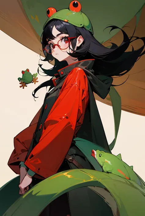 The girl has black hair, wears glasses, has a tiny frog on her head and her coat is red.