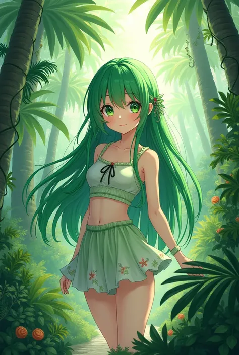 anime girl, green hair, green eyes, full height, with a jungle background
