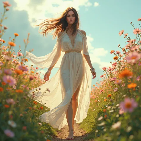 girl in transparent clothing walking along a path in a field full of flowers, cabelos ao vento ela esta olhando para a camera