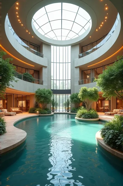 Large water court yard in round lobby entrance with showrooms