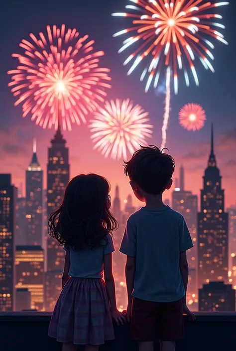 Girl and boy watching new year fireworks in new york