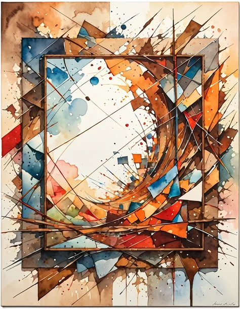 Watercolor painting of a surrealist picture, square shape, dashes and lines, Canvas picture, colours: rot, brown, shattered like a mirror 