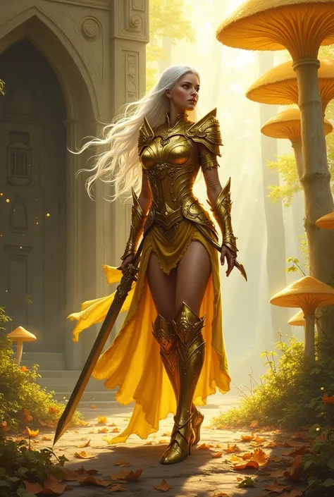 golden saint,  golden armor,  stunningly beautiful woman,  illustration,  art by Ralph McQuarrie,   This is a digital artwork depicting a fantasy warrior in a vibrant, ethereal setting. The central figure is a female warrior with an androgynous appearance,...