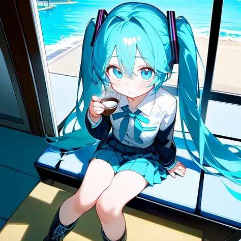 Hatsune Miku, blue twin tails, blue eyes, uniform, Drink coffee, Tired eyes, Putting your feet on the table, Put on your boots , Sitting,  alone, View from above, テーブルの椅子にSitting,