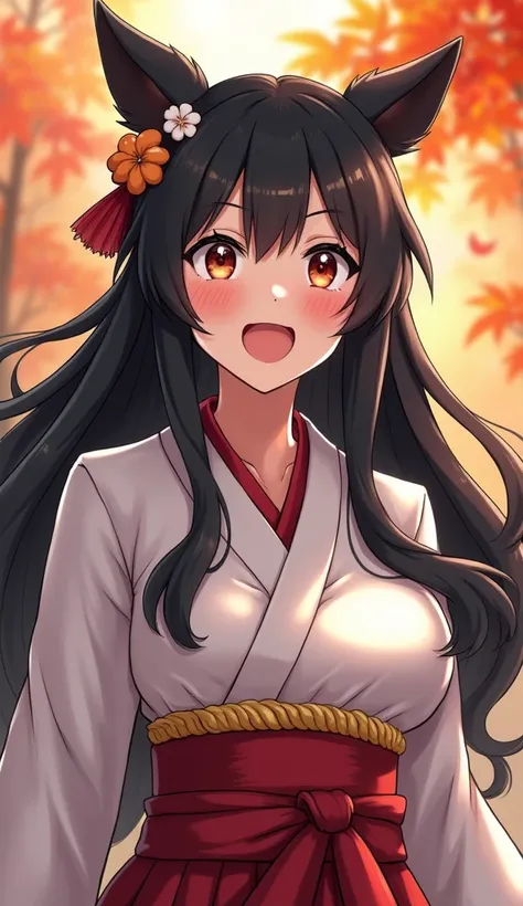 best quality, (masterpiece:1.35), wallpaper, (illustration), original, (depth of field), (1girl:1.35), (solo), full body, dynamic, detailed face,mature female, adult, (old:1.3), Medium breasts, Amused, happy,miko clothing, flower trim,absurdly long hair, b...