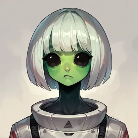 alien girl - pull white short hair. dark eyes. calm face. elongated head. space suit. 