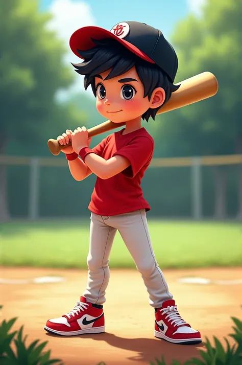 boy, black hair, red shirt, white jeans, red and white shoes, Black cap, baseball bat