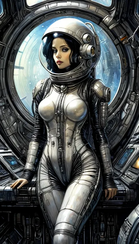 astronaut girl, pretty astronaut suit with many details in H.R.Giger style, in spaceship with large window overlooking space,  art inspired by Bill Sienkiewicz and Dave McKean
