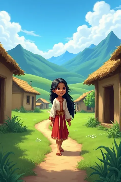 A peaceful, quaint village surrounded by lush green fields, with a narrow dirt path winding through the village. Simple huts made of mud and straw line the path, and at the center stands Sundari, a young girl with long, flowing black hair, wearing traditio...