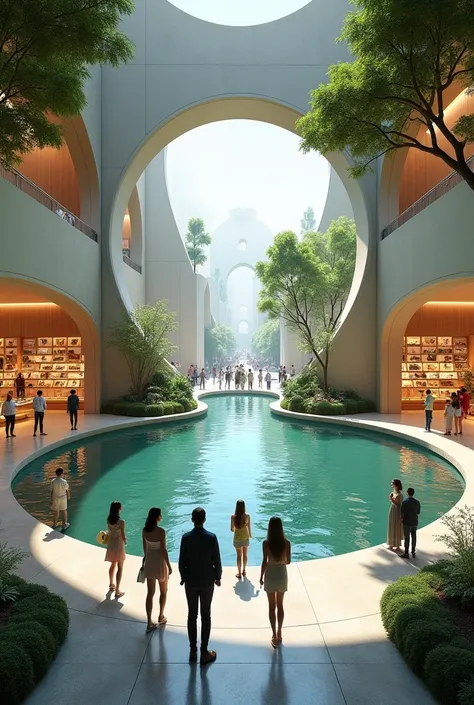 Large round  water court yard in round lobby entrance with showrooms.with more people .they watch and buy artistic spece books that natural made