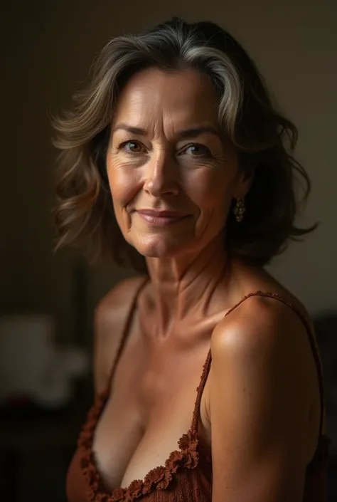 a mature beautiful 60 year old woman, detailed realistic portrait, natural large breasts, detailed nipples, photorealistic, high resolution, 8k, hyper detailed, cinematic lighting, dramatic shadows, warm color tones, chiaroscuro, masterpiece