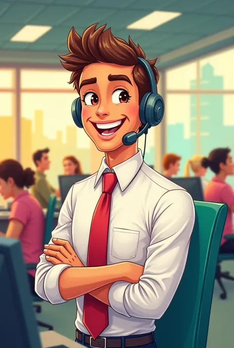 Cartoon of young tanned man in colcenter answering calls with white shirt and red tie friendly guy