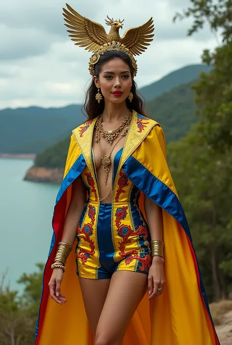 I need a typical costume that uses all the parts of the Ecuadorian coat of arms, to be shown in a suit ,for women with yellow, blue and red colors, just like they use in miss universe , same but including a boat, a condor on his head, bay and olive leaves,...