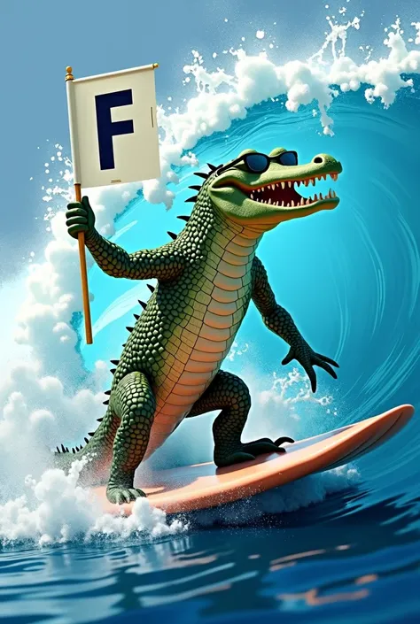 Create an image of an alligator wearing sunglasses surfing a realistic blue wave holding a white flag and the letter F