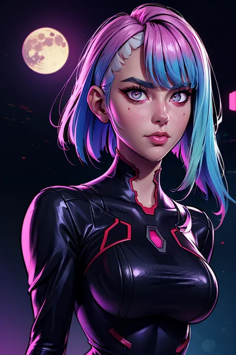 a woman with blue hair and a black shirt is standing in front of a neon city background, lois van baarle and rossdraws, portrait of lucy from Cyberpunk Edgerunners, artgerm and lois van baarle, rossdraws 2. 0, rossdraws 1. 0, rossdraws 2. 5, artgerm and ro...