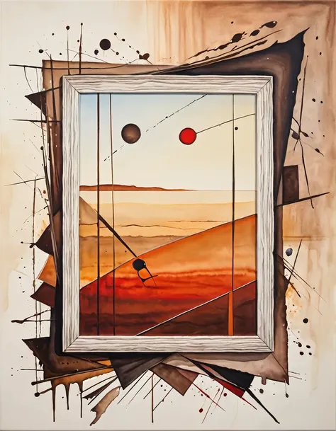 Watercolor painting of a surrealist picture, square shape, dashes and lines, Canvas picture, colours: rot, brown, Broken like a mirror 