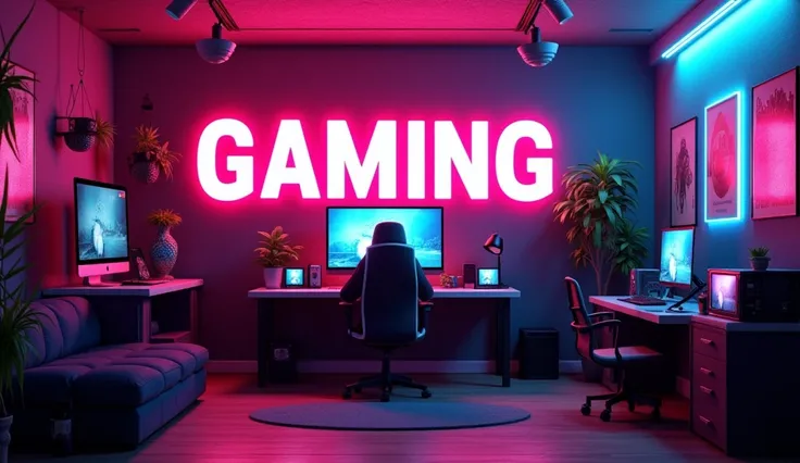 A gaming background with light neon lighting and Gaming written on the back wall The room has night neon lighting