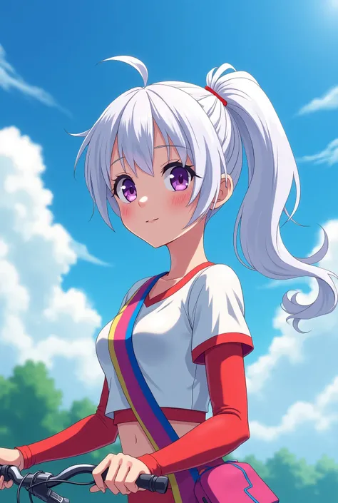 HD、Animation style、white hair 、Purple Eyes、girl、plump breasts 、High school student 、single ponytail、Baseball player、Light color short sleeve top、Long sleeve red underwear、Good shape、Thin、sash、Sky、cloud、sunny、Cycling