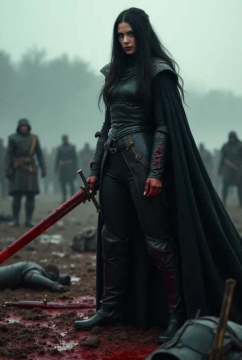 A woman from the back with long black hair having wolf instincts activated, She is wearing a black outfit and cape and her expression is one of pure hatred., his clothes all stained with blood from his enemies fighting with his bloody sword in a bloody bat...