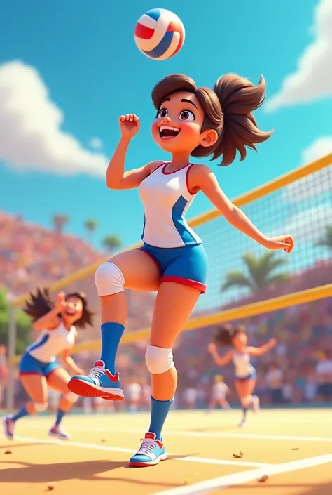 Animated  playing volleyball in white blue and red uniform
