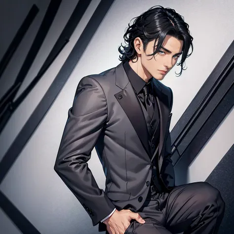 1 handsome man, Alone, sexy expression, black hair, wavy and silky hair, gray eyes, pretty eyes, formal evening suit, [very muscular and sensual body], neutral background, vibrant colors, High resolution, Best Quality, HD Model, High quality, UHD