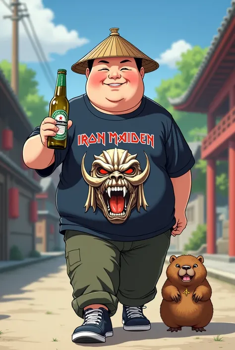 make a chinese guy a little chubby, baldie, with a Chinese hat, Grinning. Make the Chinese guy dressed in a black Iron Maiden shirt, with the logo printed on the shirt. Do the Chinese walk with a cute recognizable capybara that is a capybara and hold the H...