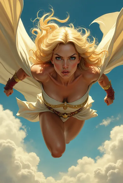 blonde woman, heroina, hear clothes, long hair, tall big, Top view, flying towards us, strength and power, action pose, inspired by J.C Leyendecker