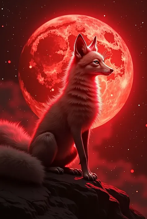 Nine-tailed mystical fox inside a blood red moon