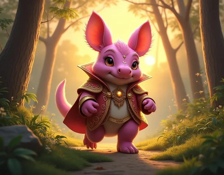 Pink Armadillo (Pichiciego) dressed in his royal attire, walks with a firm step through the warm forests, covered with grass and moss, in the middle of a half-cloudy sunset, with a little wind and fog; masterpiece