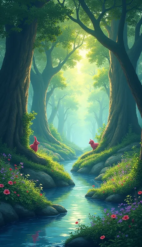 /imagine prompt: Viral anime nature wallpaper in 4K quality, in the style of digital illustration inspired by Hayao Miyazaki, featuring a serene forest with towering ancient trees, dappled sunlight filtering through the leaves, a gentle stream flowing thro...